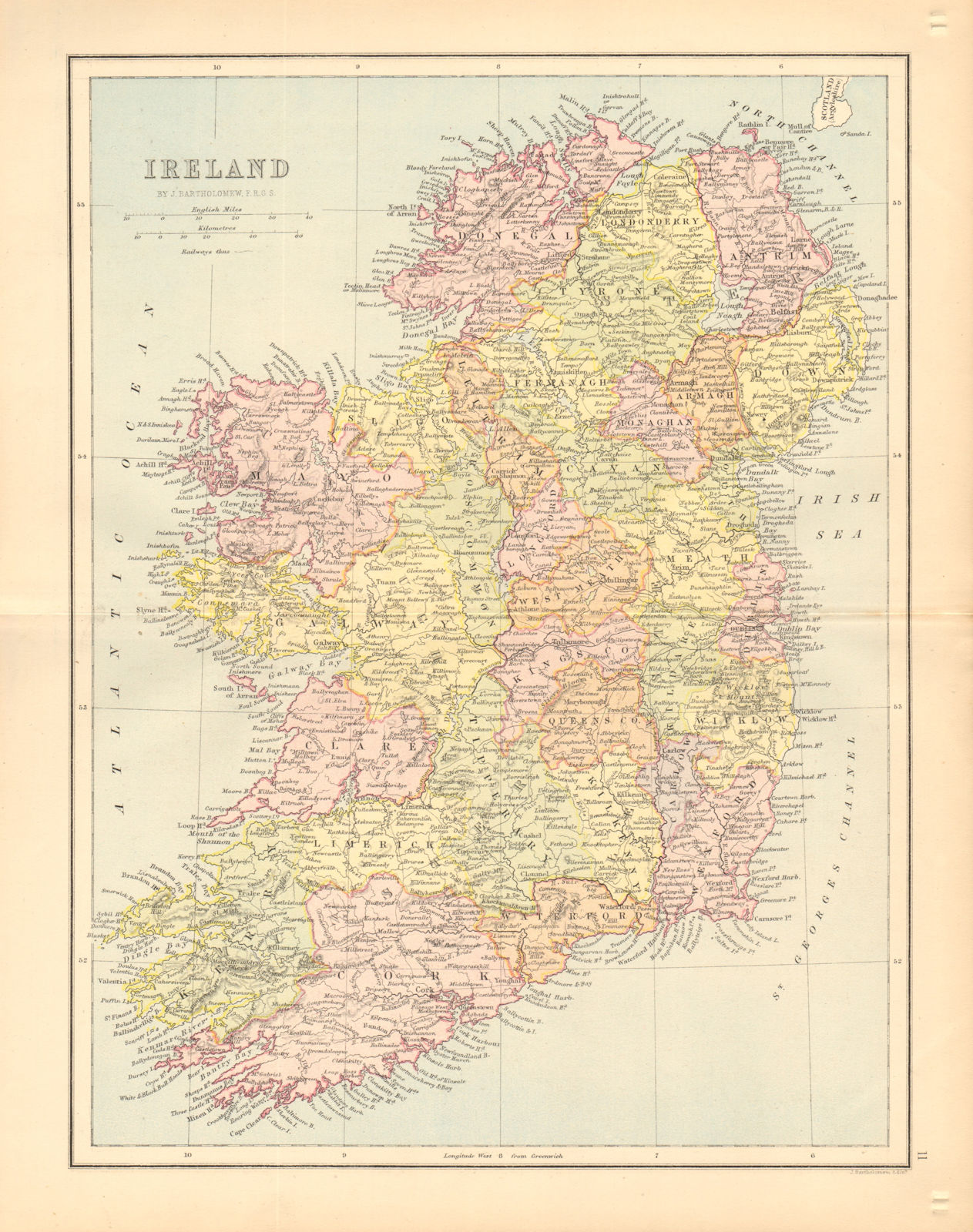 IRELAND. Pre-partition. Counties. Railways. BARTHOLOMEW 1876 old antique map