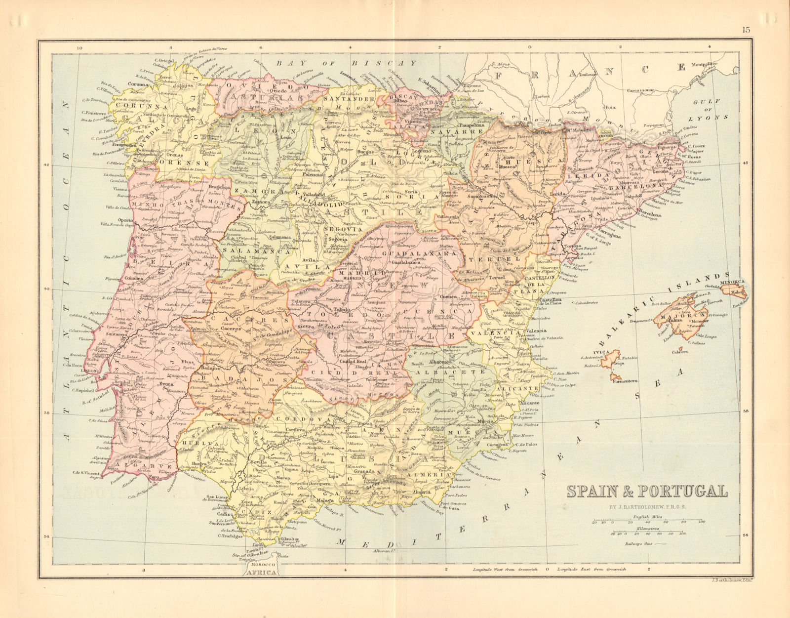 IBERIA. 'Spain & Portugal'. Spanish provinces. BARTHOLOMEW 1876 old map