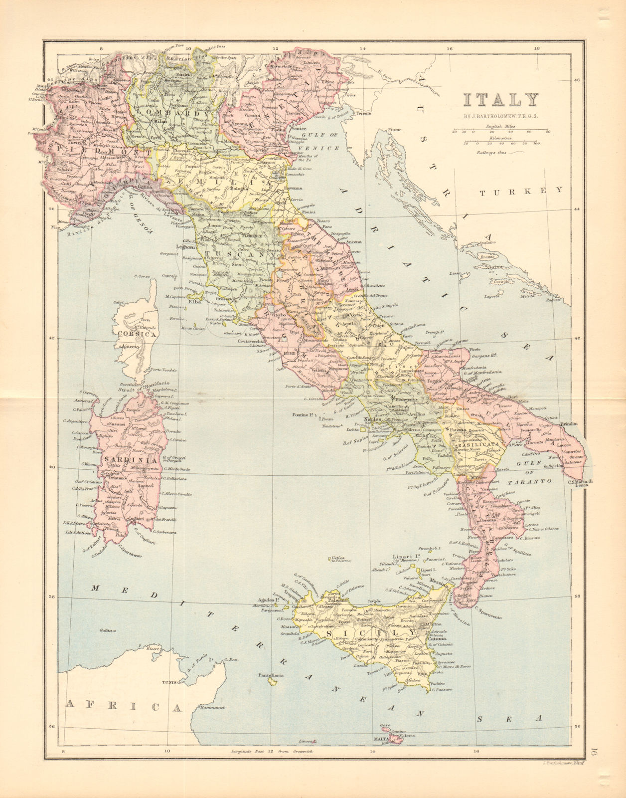 ITALY. w/o Trieste & South Tyrol. BARTHOLOMEW 1876 old antique map plan chart