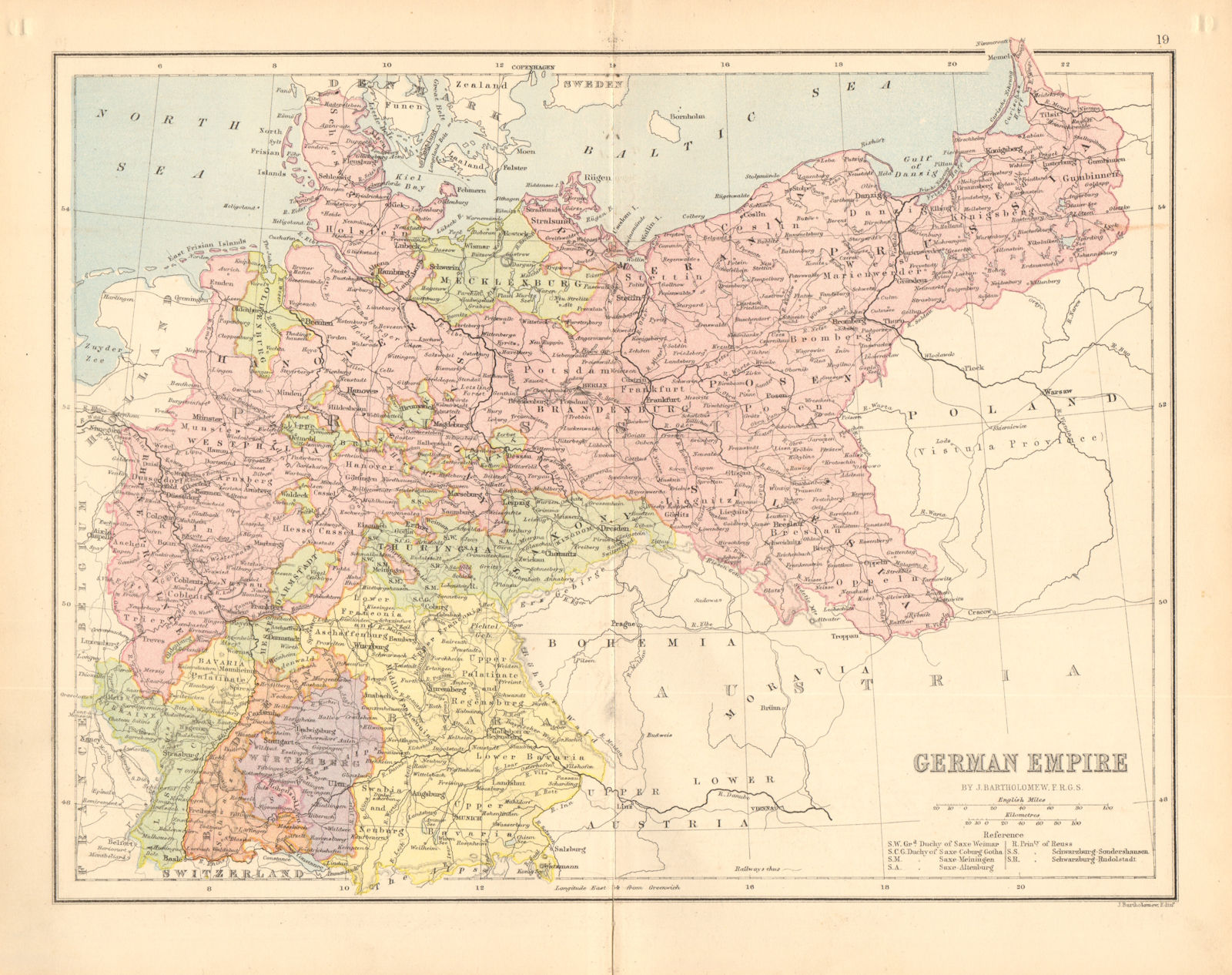 GERMANY. 'German Empire'. Prussia. States. Railways. BARTHOLOMEW 1876 old map