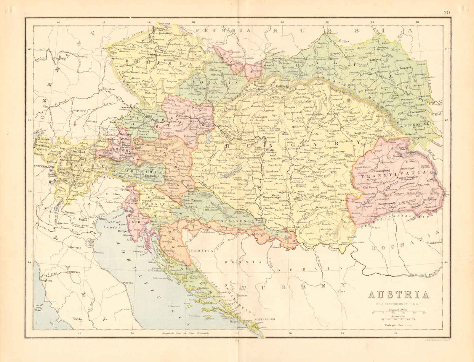 AUSTRIA-HUNGARY. Railways. Tyrol Dalmatia Istria &c. BARTHOLOMEW 1876 old map