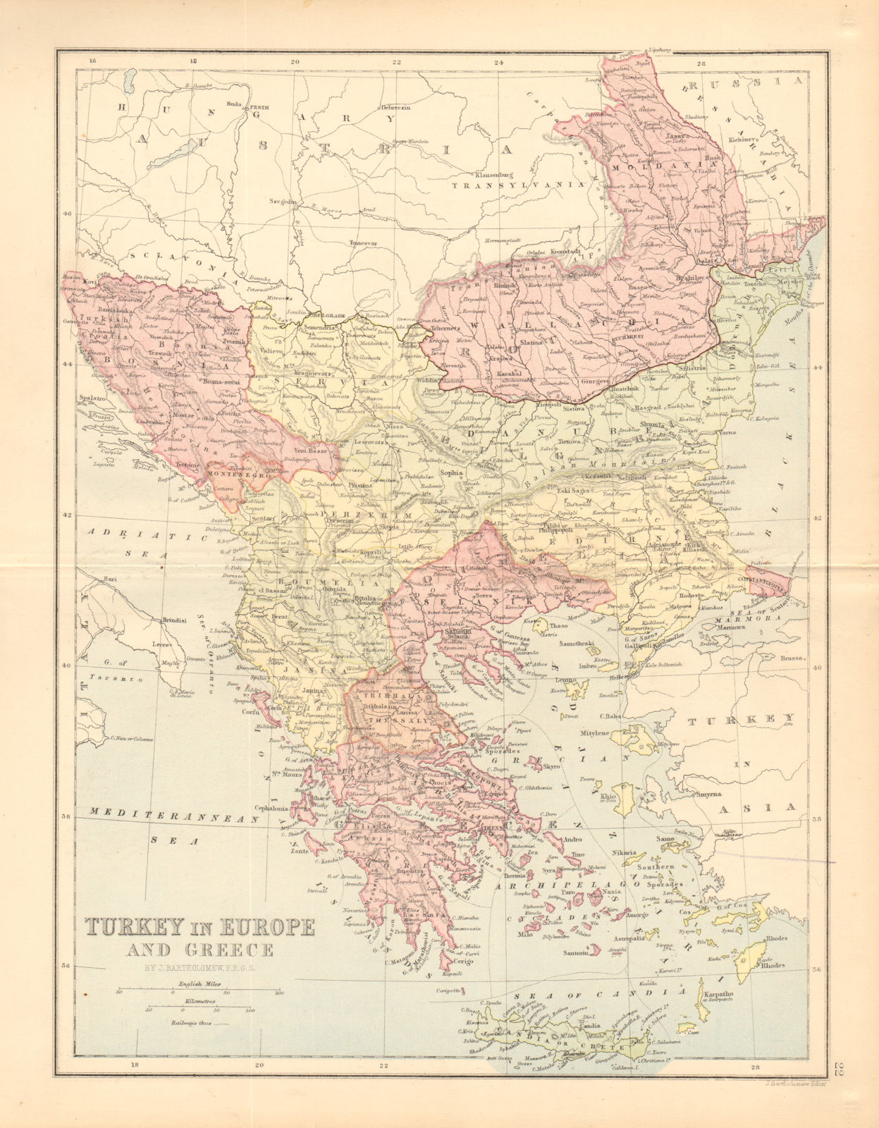 TURKEY IN EUROPE. Greece Servia Roumania Balkans. Railways.BARTHOLOMEW 1876 map