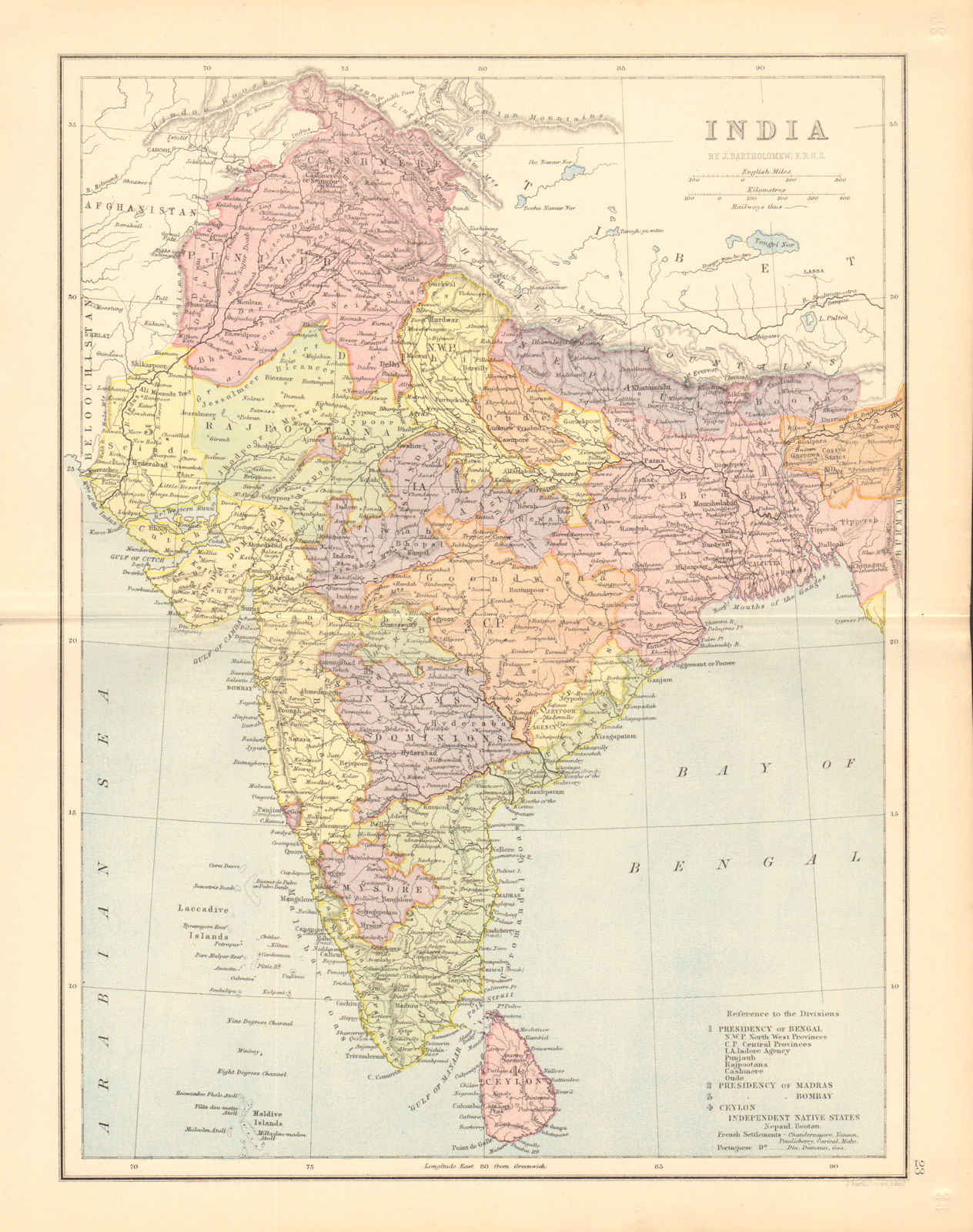 BRITISH INDIA. Presidencies. Railways. BARTHOLOMEW 1876 old antique map chart