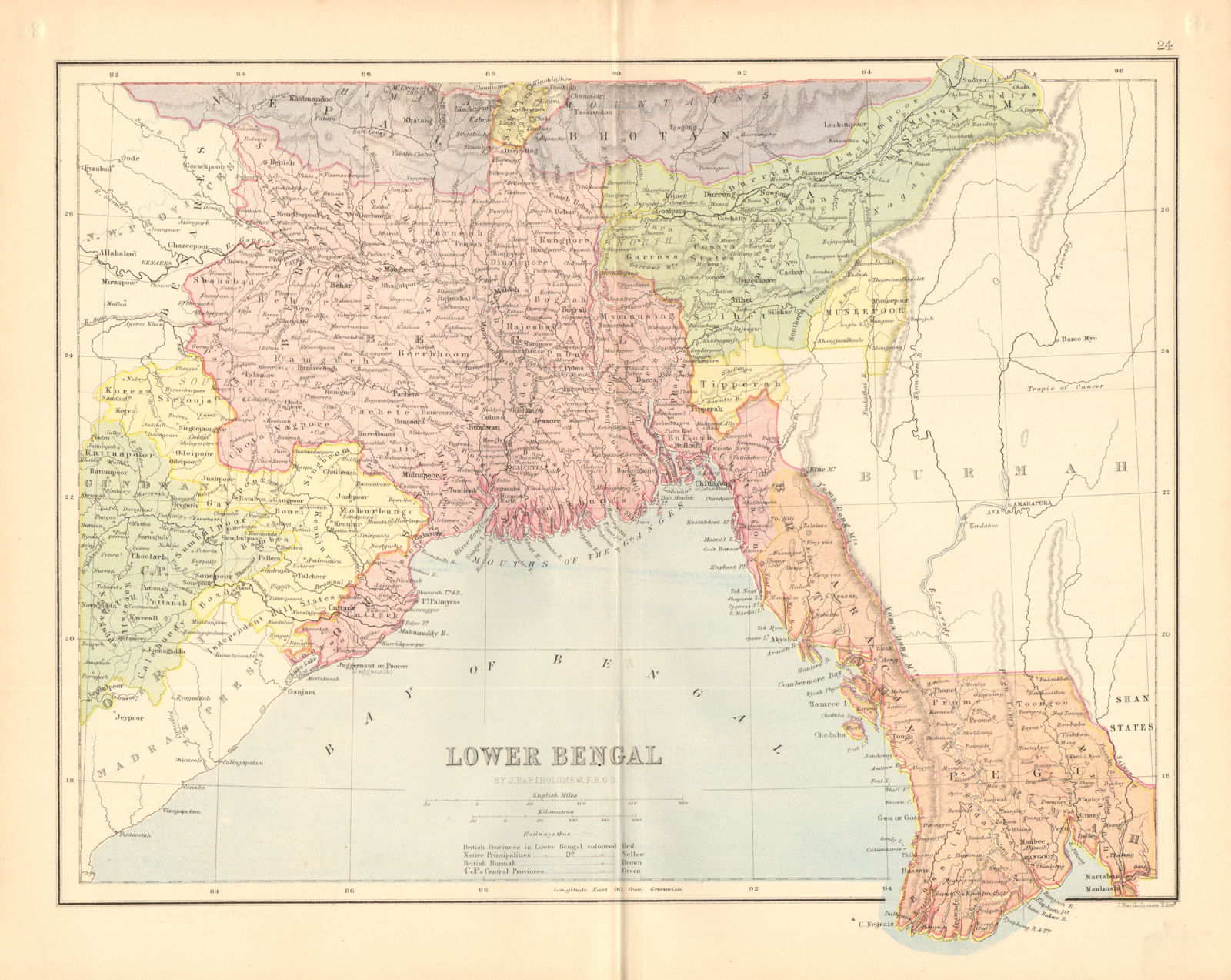 BRITISH INDIA. 'Lower Bengal'. Burmah Tipperah. Bangladesh.BARTHOLOMEW 1876 map