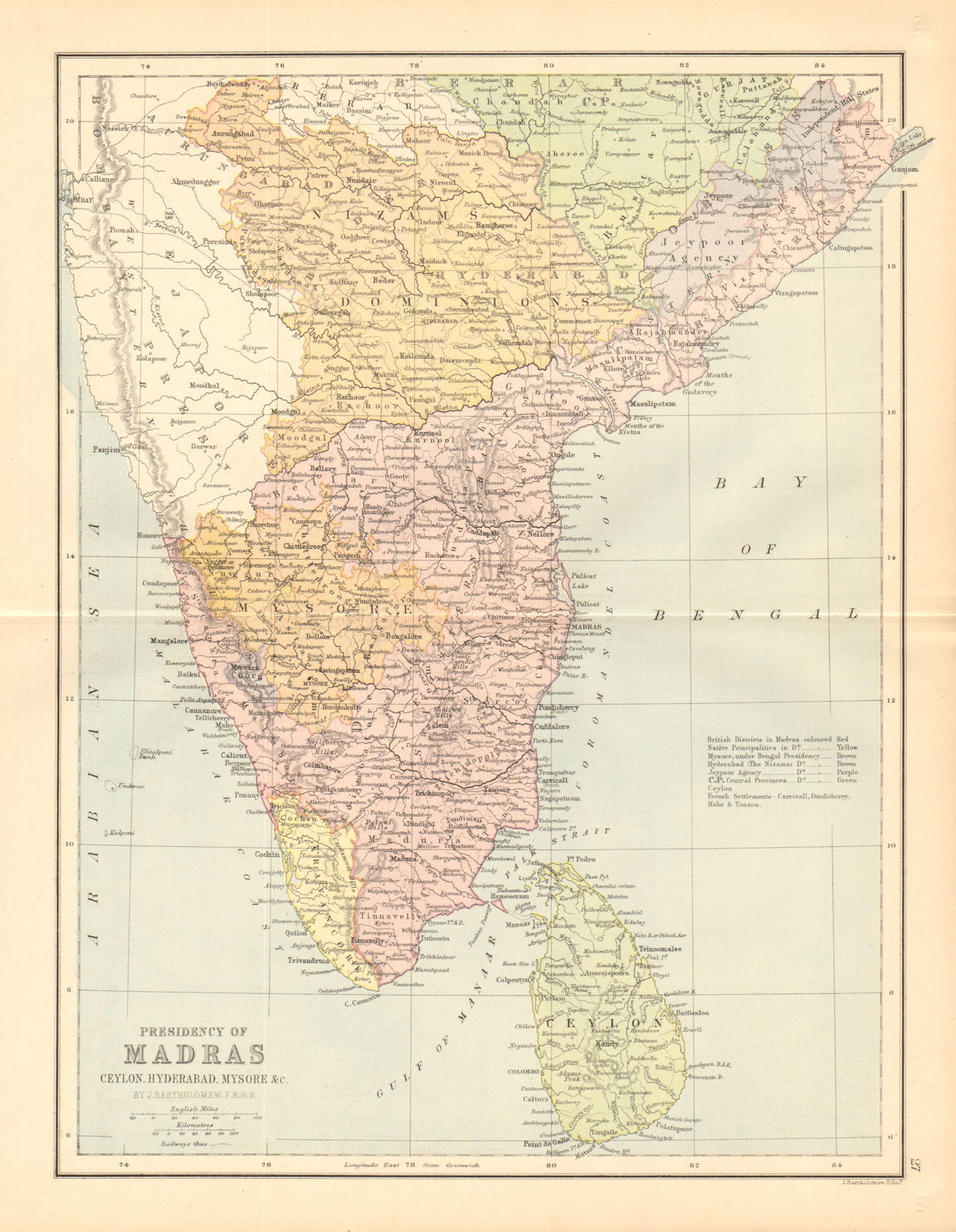 BRITISH INDIA SOUTH 'Madras Presidency' Mysore Ceylon Coromandel Coast 1876 map