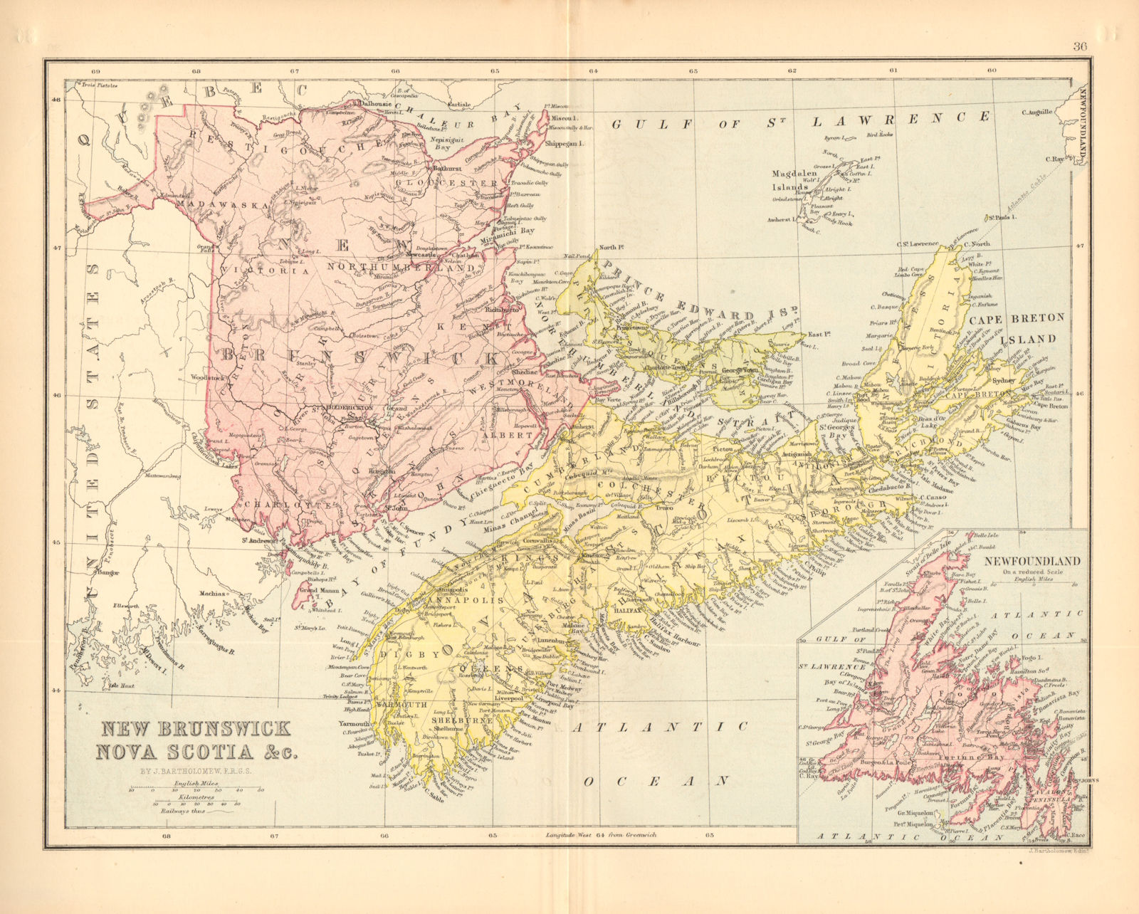 CANADA MARITIME PROVINCES. New Brunswick Nova Scotia Newfoundland PEI 1876 map