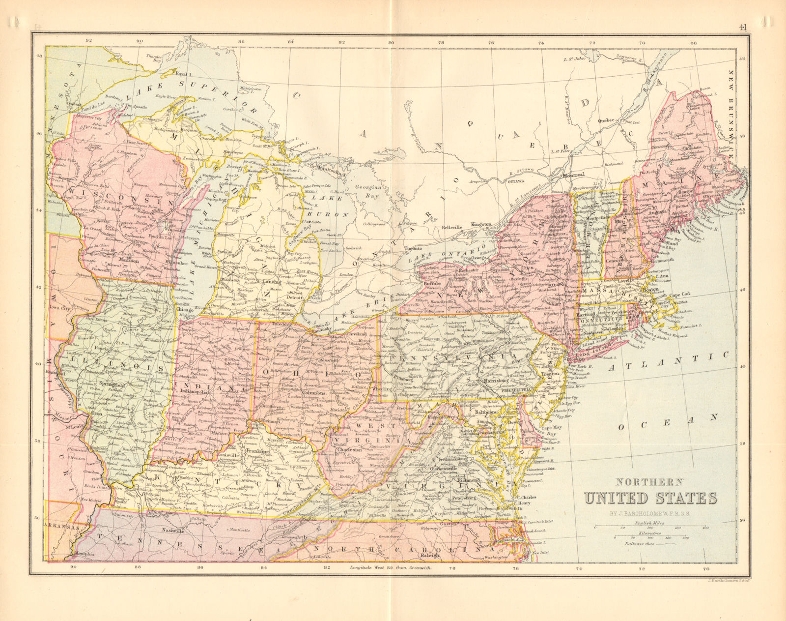 Associate Product USA NORTH EAST. Atlantic States. Midwest. BARTHOLOMEW 1876 old antique map