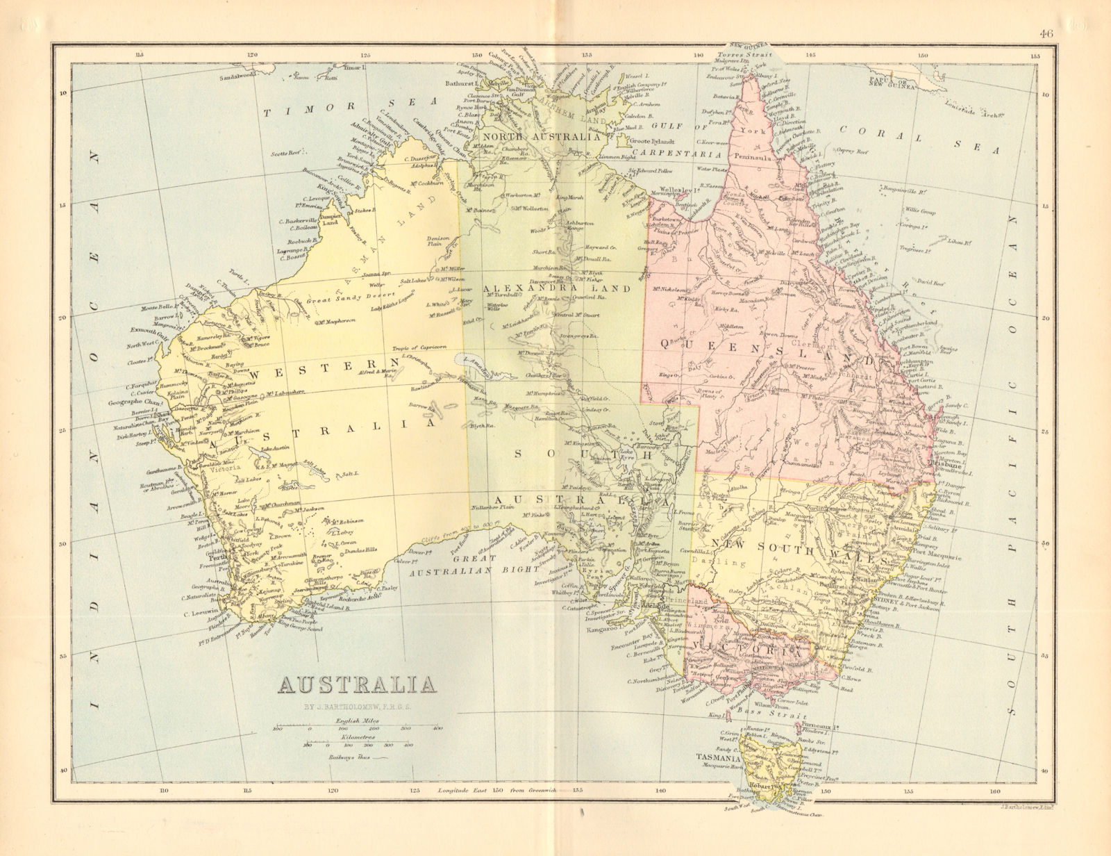 Associate Product AUSTRALIA. Shows NT as 'Alexandra Land', part of SA. BARTHOLOMEW 1876 old map