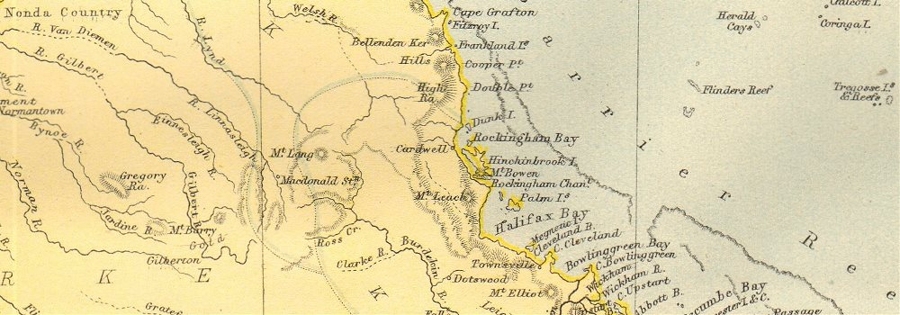 QUEENSLAND. State map shows 37 counties. Railways. Brisbane. Australia 1876