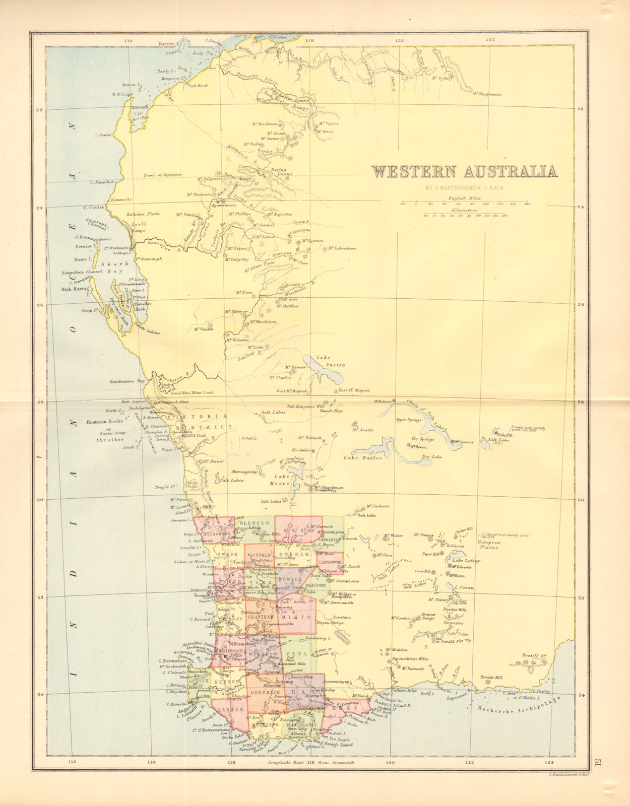 WESTERN AUSTRALIA. State map showing only 26 counties. Perth 1876 old