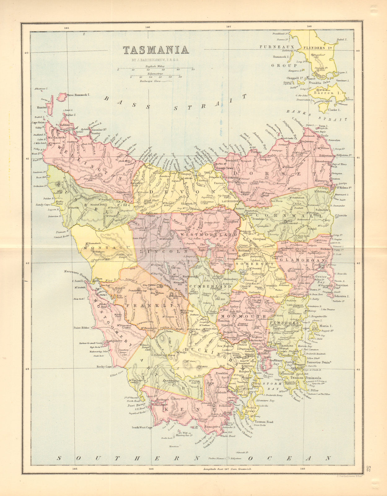 TASMANIA. State map showing counties & railways. Australia. BARTHOLOMEW 1876