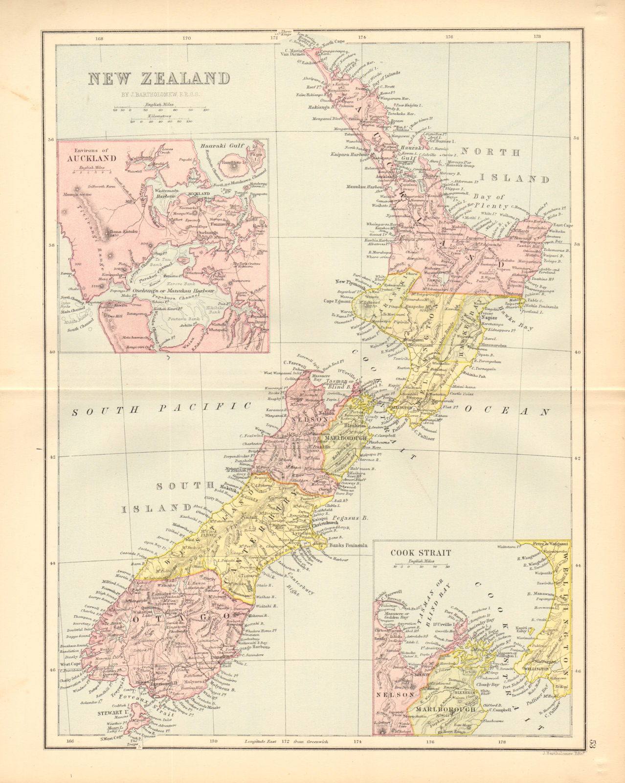 NEW ZEALAND. Showing 1870 provinces. Auckland environs. BARTHOLOMEW 1876 map