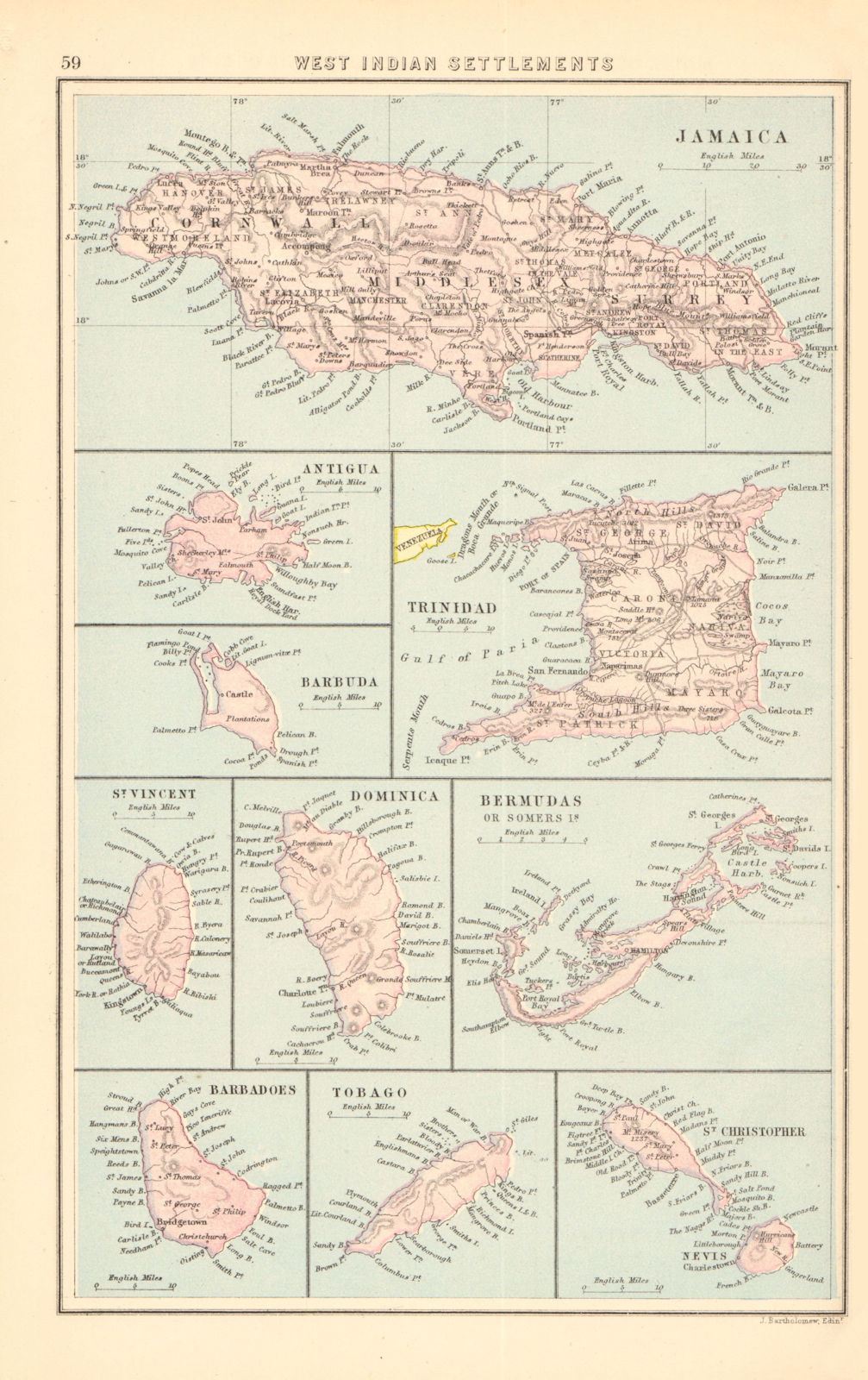 BRITISH WEST INDIES Jamaica Antigua Trinidad Dominica Bermuda Barbados 1876 map