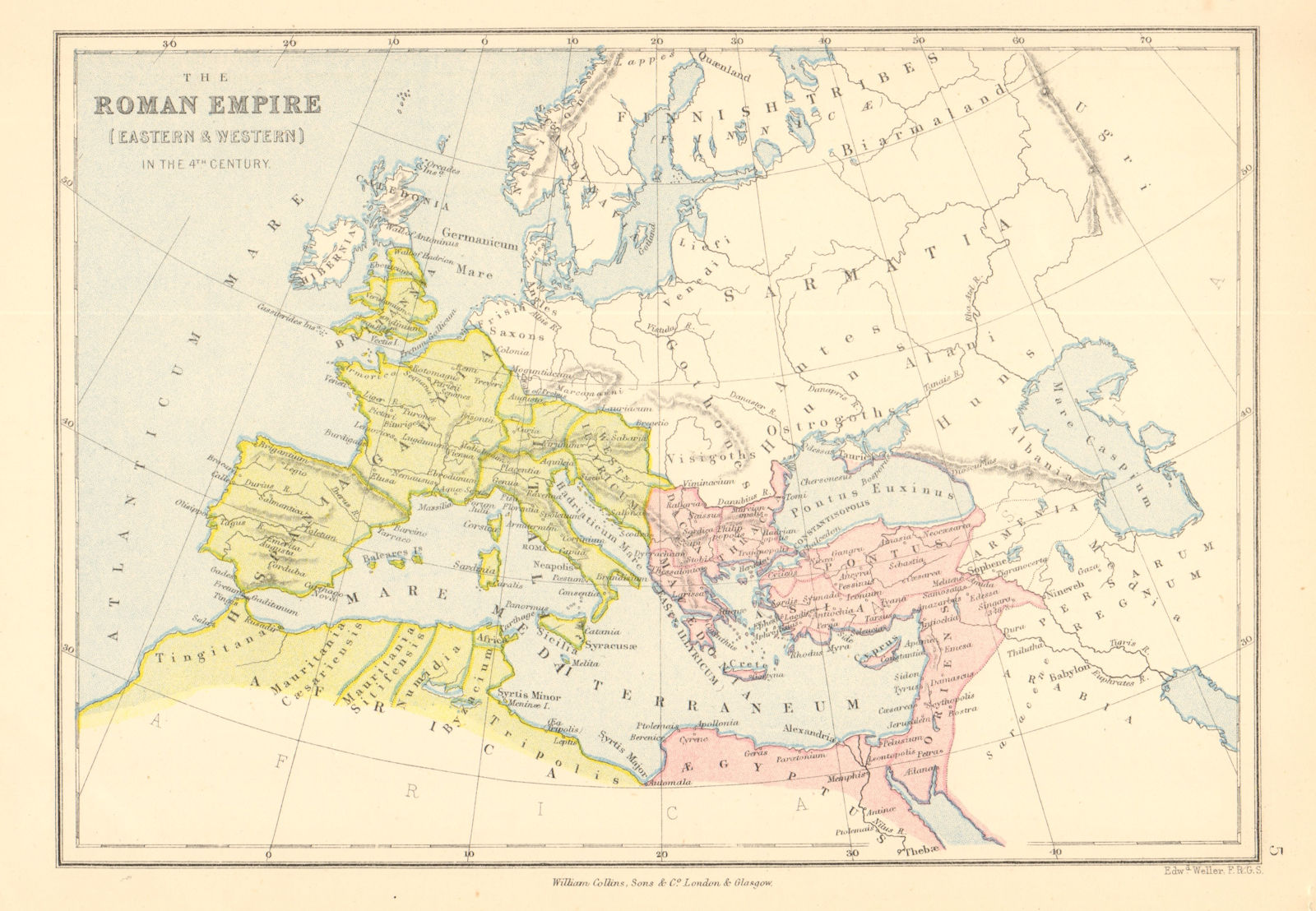 ROMAN EMPIRE. In the 4th century. Eastern & Western. BARTHOLOMEW 1876 old map