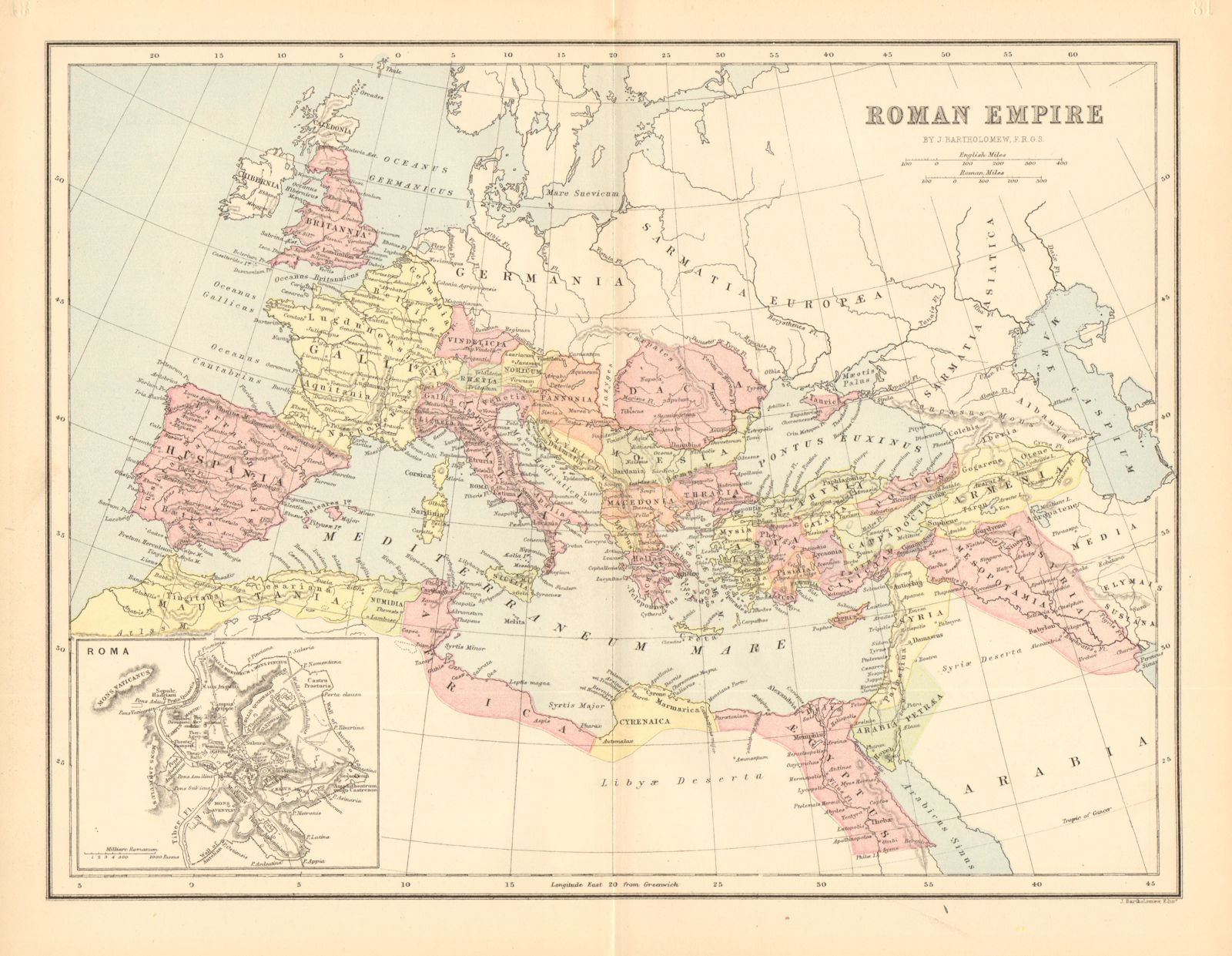 ROMAN EMPIRE. Showing provinces. BARTHOLOMEW 1876 old antique map plan chart