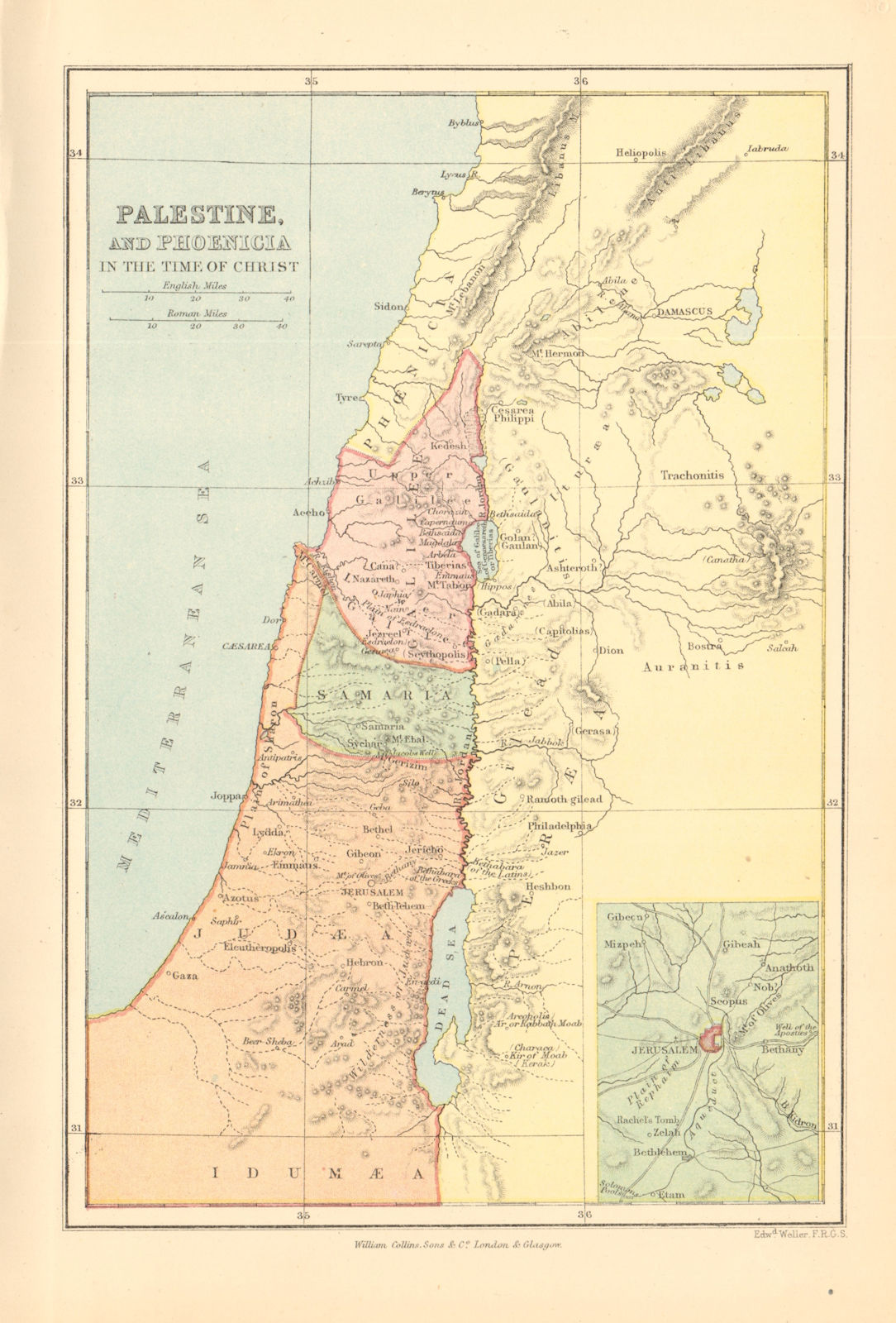 Palestine & Phoenicia in the time of Christ'. Judea Gallilee Samaria 1876 map