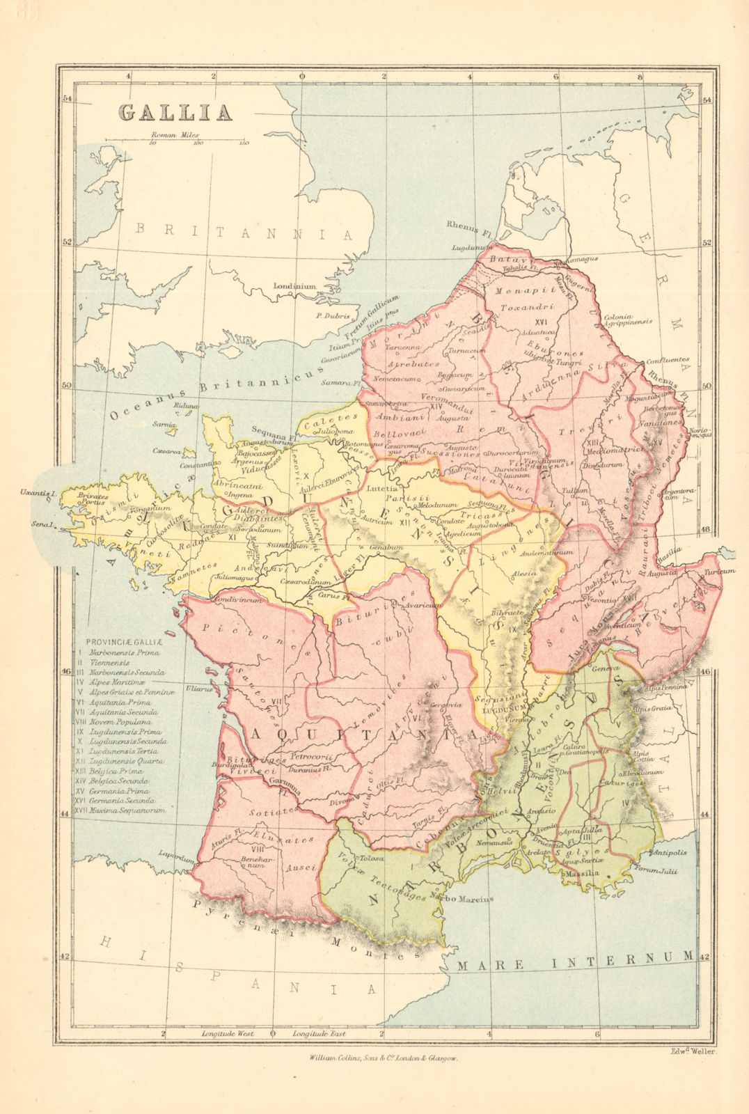 GAUL. ROMAN FRANCE. 'Gallia'. Provinces. BARTHOLOMEW 1876 old antique map