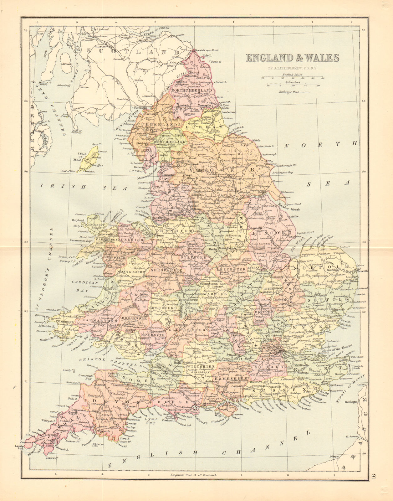 GREAT BRITAIN. 'England & Wales'. Railways. Counties. BARTHOLOMEW 1876 old map
