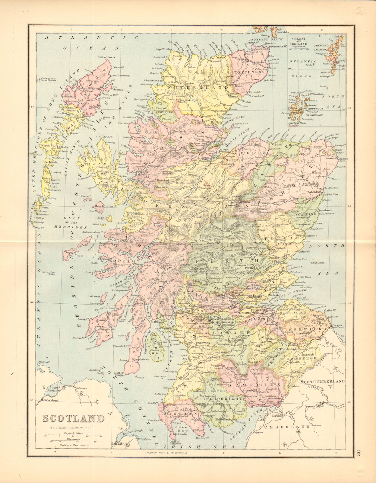 'Scotland; Inset map of Orkney and Shetland'. Railways. Counties 1876 old