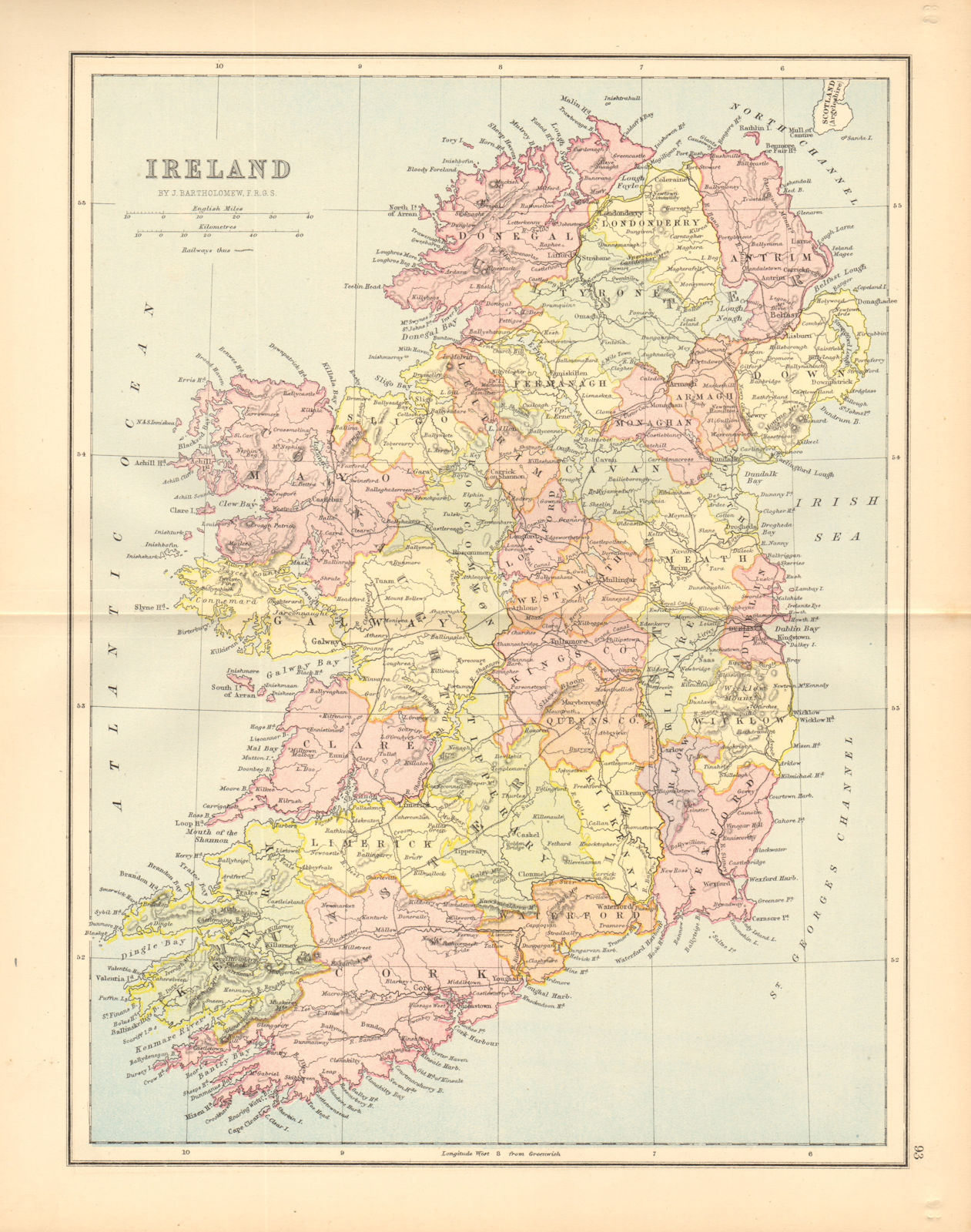 'Ireland'. Railways. Counties. BARTHOLOMEW 1876 old antique map plan chart