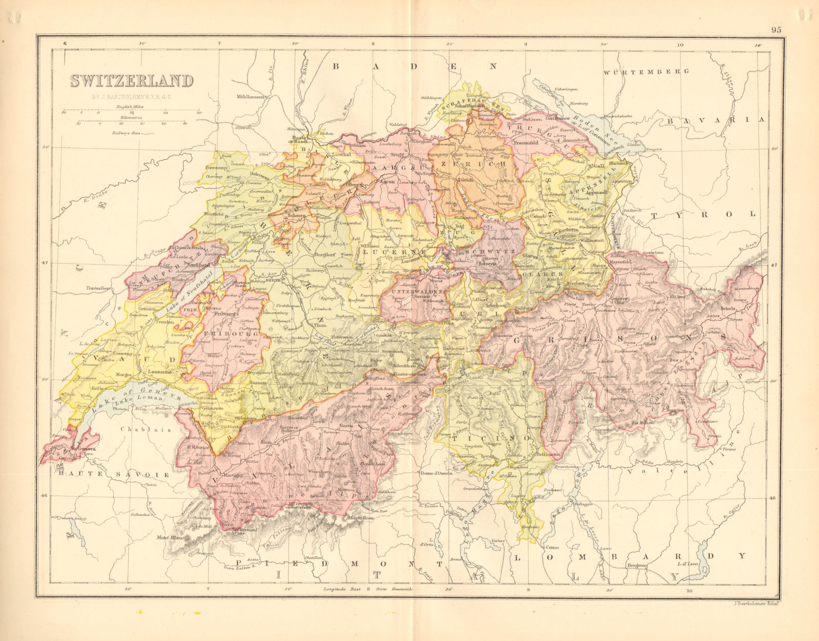 'Switzerland'. Railways. Cantons. BARTHOLOMEW 1876 old antique map plan chart
