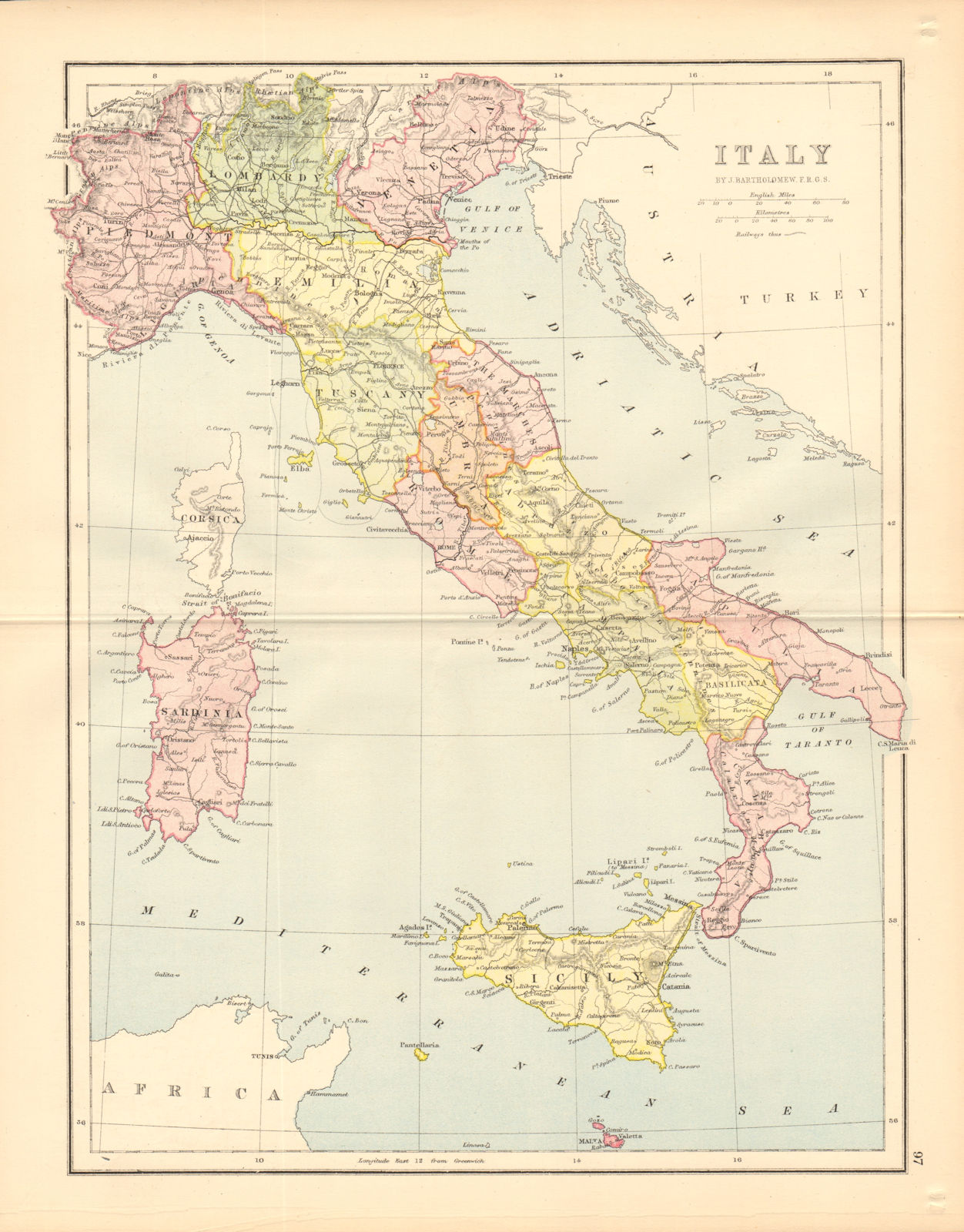 'Italy'. Railways. Provinces. BARTHOLOMEW 1876 old antique map plan chart