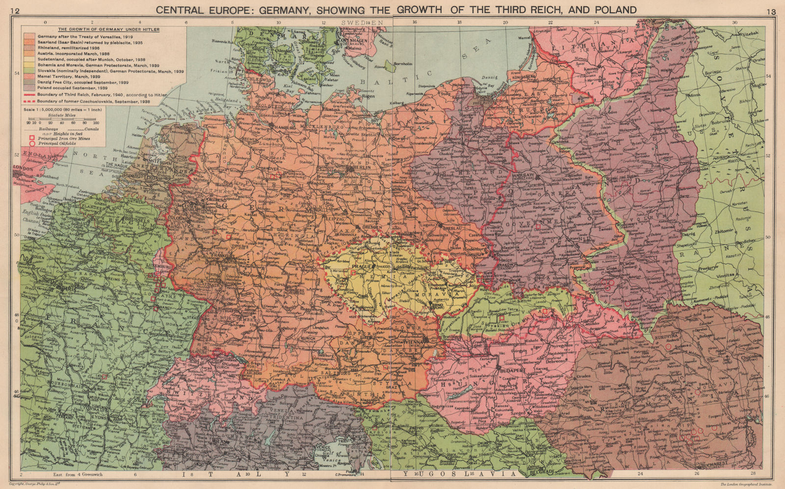 Associate Product NAZI GERMANY.Growth of the Third Reich. Occupied Poland Sudetenland &c 1940 map