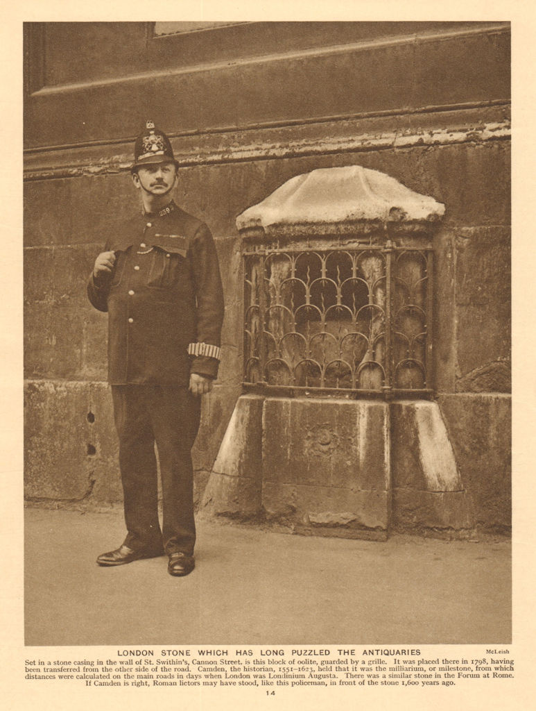 London Stone, St Swithin's, Cannon Street. Policeman 1926 old vintage print