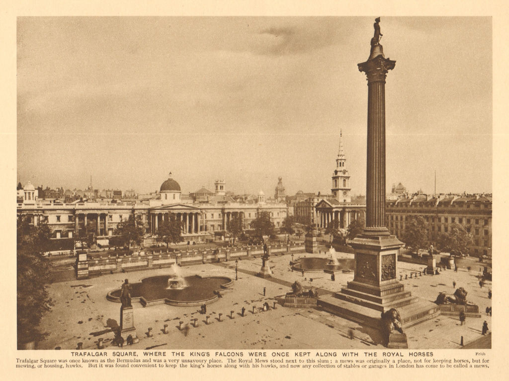Associate Product Trafalgar Square. Nelson's column. Site of King's Mews & Falconry 1926 print