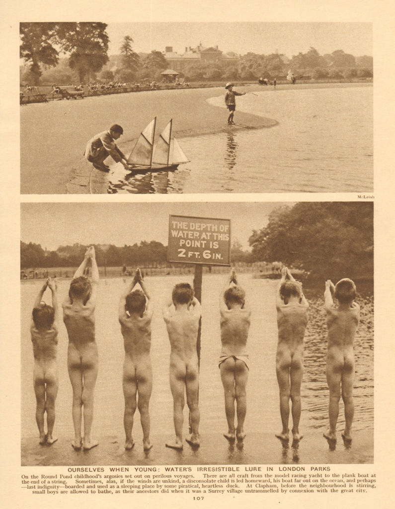 Boy sailing boat, Round Pond, Kensington Gardens. Bathing, Clapham 1926 print