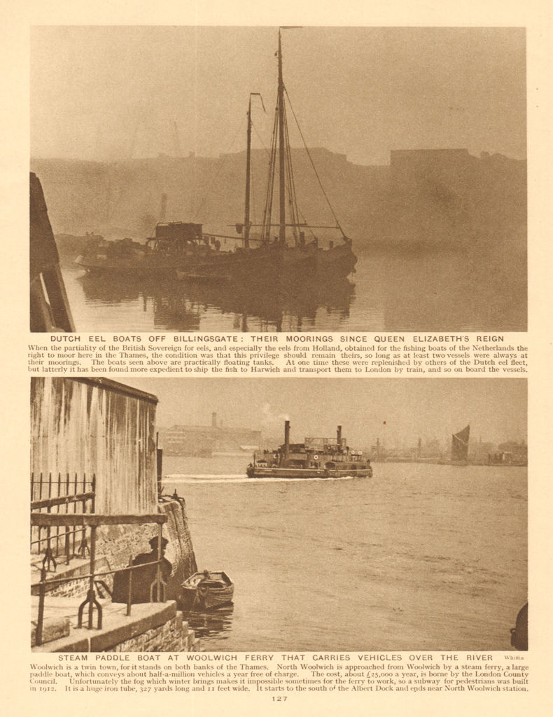 Dutch eel boats of Billingsgate. Woolwich Ferry steam paddle boat 1926 print