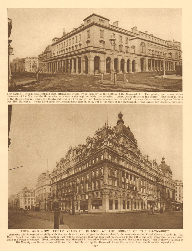 Haymarket/Pall Mall corner in 1880's & 1926. Italian Opera House 1926 print