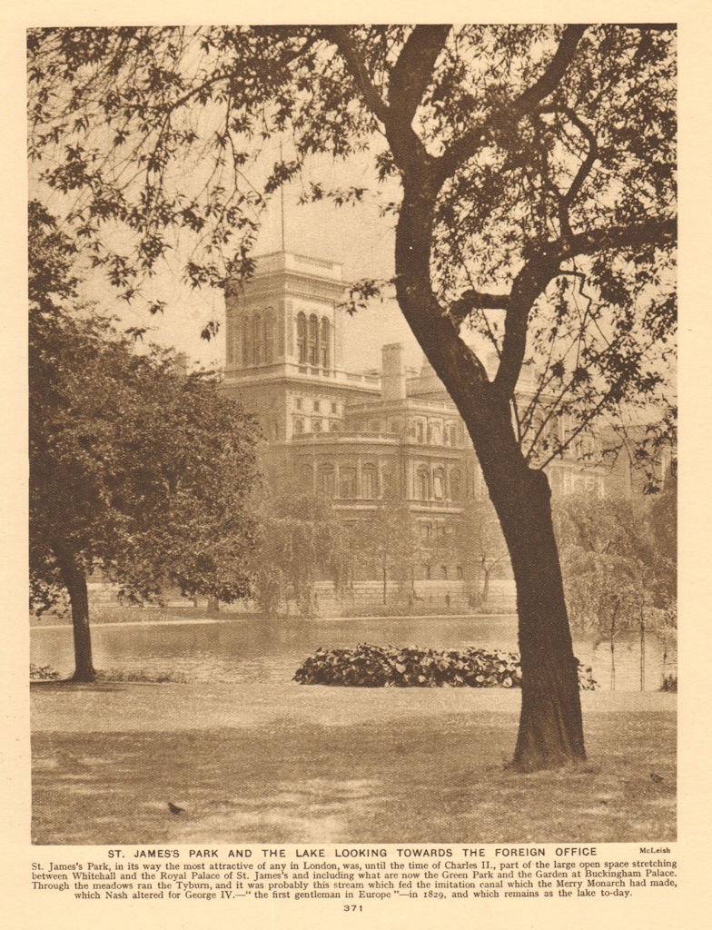 St. James's Park and the lake looking towards the Foreign Office 1926 print