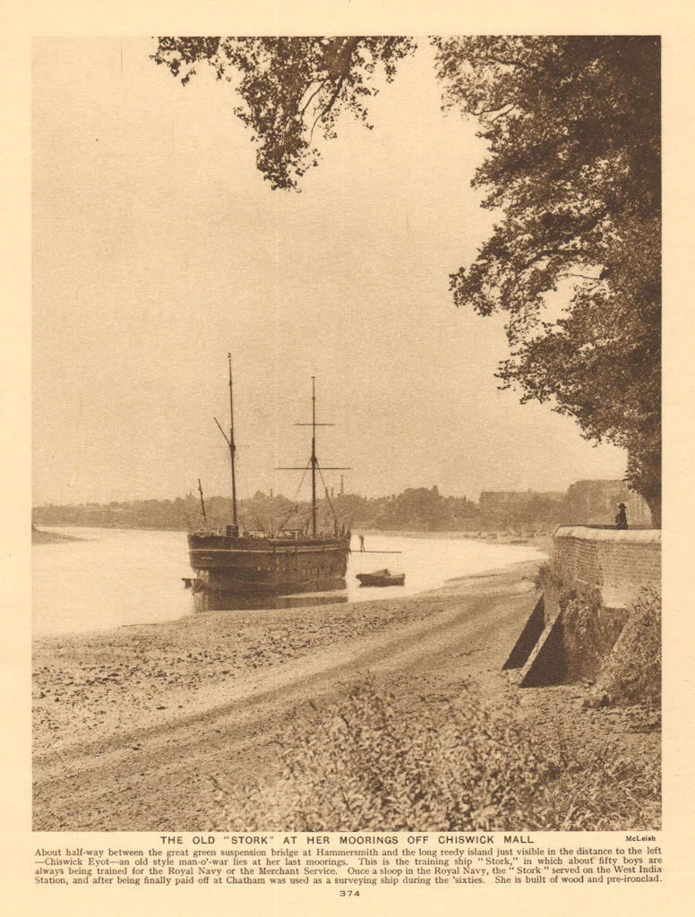 Associate Product The ''Stork'' training ship at her moorings off Chiswick Mall. Eyot 1926 print