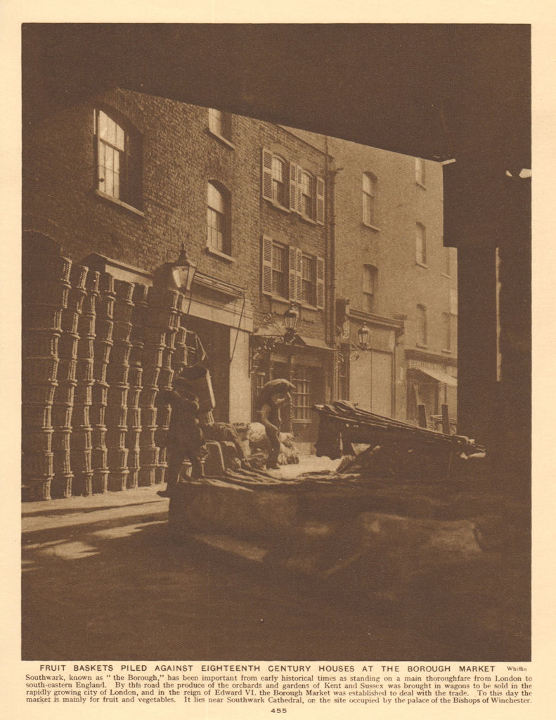 Borough Market. Fruit baskets piled against 18th century houses 1926 old print