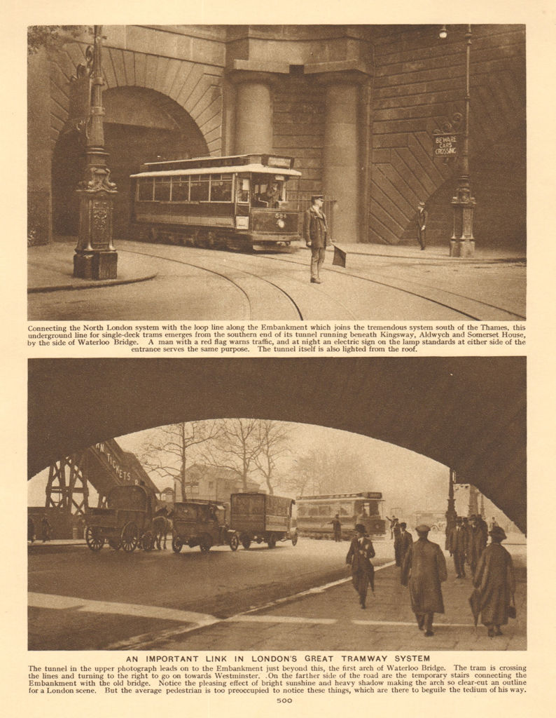 Associate Product Original Strand underpass tramway exit onto Embankment by Waterloo Bridge 1926