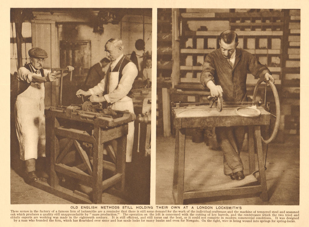 Old English methods still holding their own at a London locksmith's 1926 print