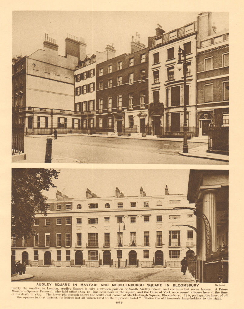 Audley Square in Mayfair and Mecklenburgh Square in Bloomsbury 1926 old print