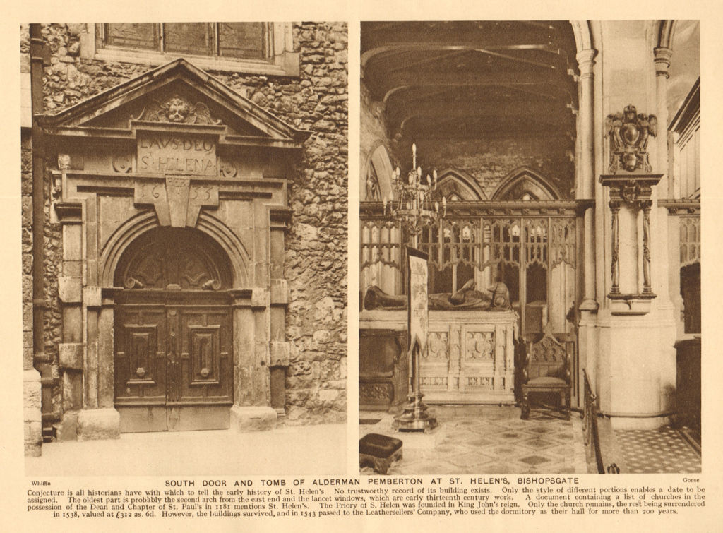 Associate Product South door & tomb of Alderman Pemberton at St. Helen's, Bishopsgate 1926 print