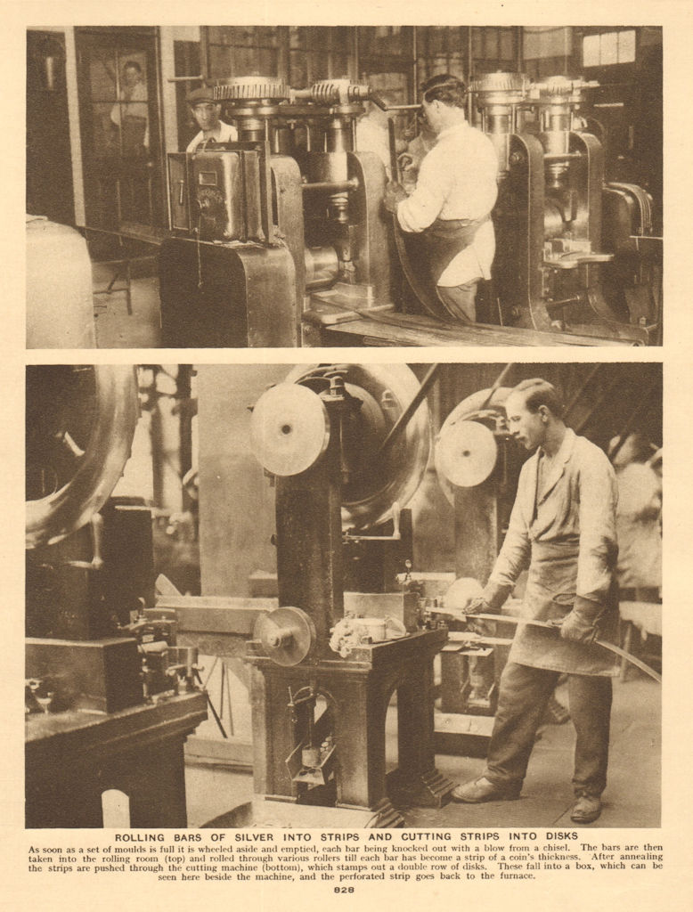 Associate Product Royal Mint. Rolling bars of silver into strips & cutting into disks 1926 print