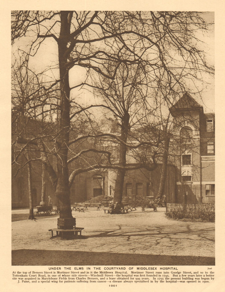 Middlesex Hospital Courtyard, Mortimer Street, Fitzrovia 1926 old print