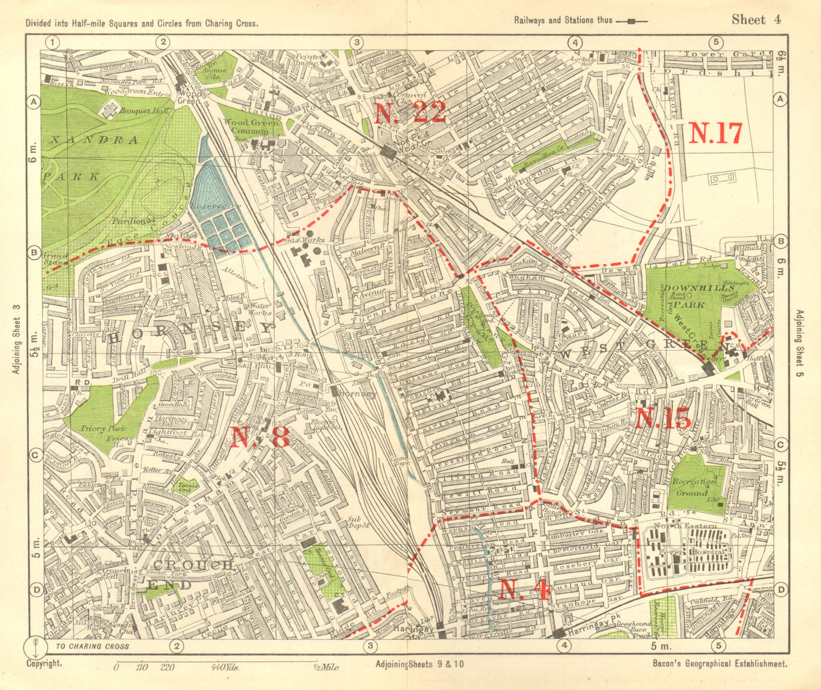 N LONDON. Hornsey Wood Green Crouch End Harringay Noel Park. BACON 1928 map
