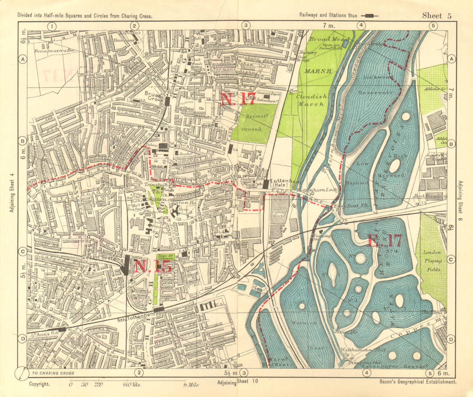 Associate Product NE LONDON. Seven Sisters South Tottenham Hale Higham Hill. BACON 1928 old map