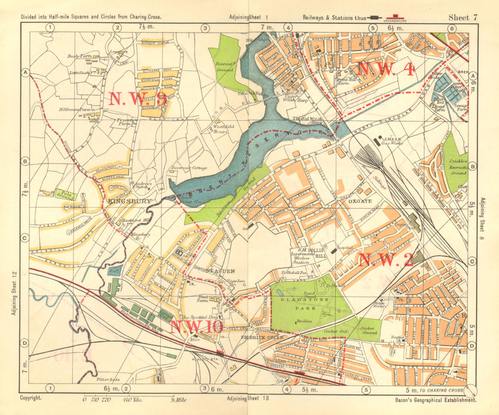 NW LONDON. Neasden Cricklewood Hendon Kingsbury Oxgate Brent. BACON 1928 map
