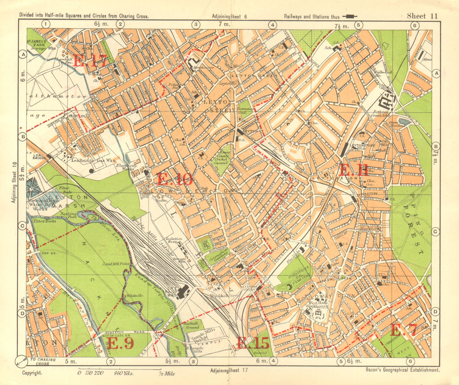 NE LONDON. Leyton Leytonstone Hackney Marshes Knotts Green. BACON 1928 old map