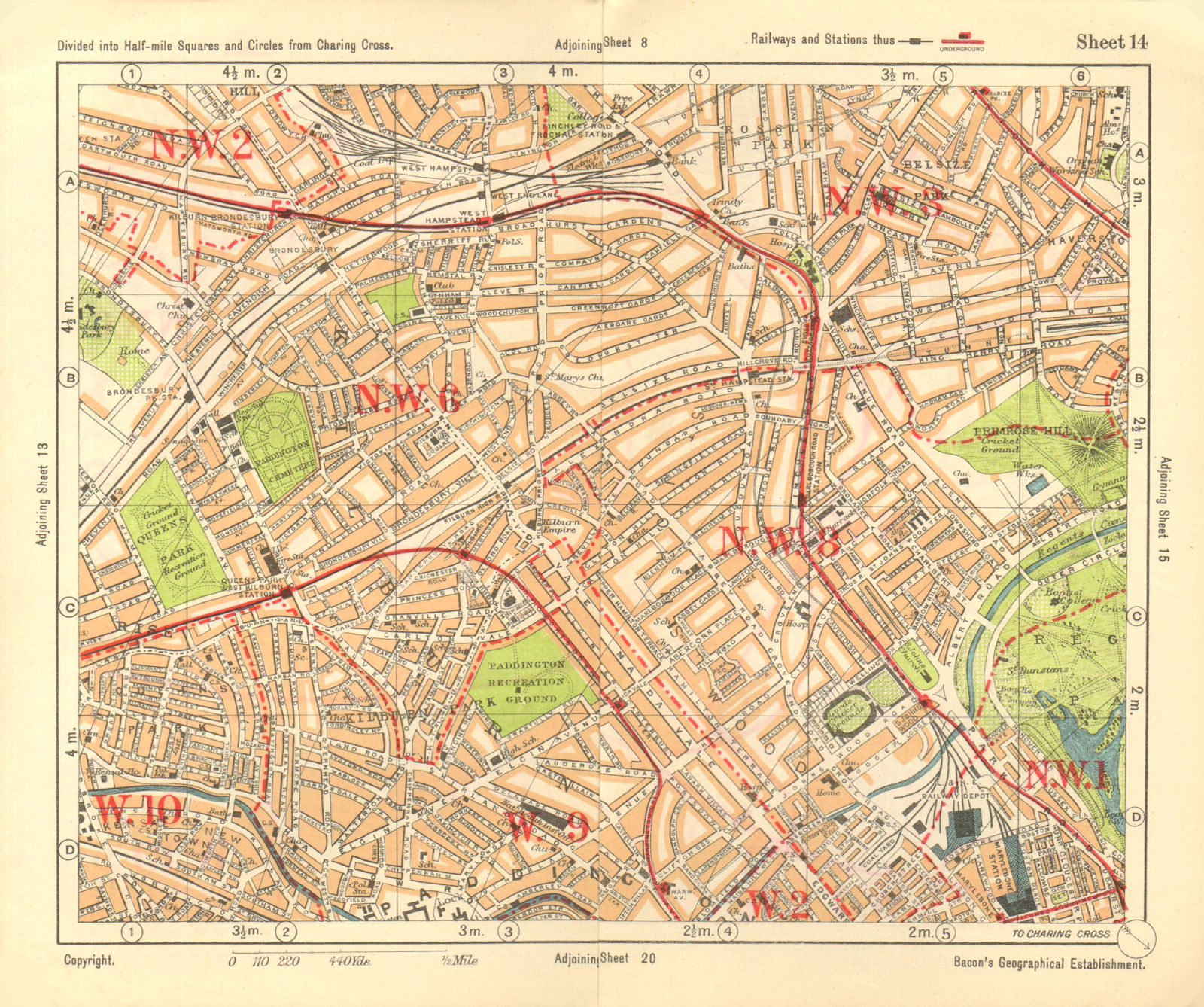 NW LONDON. St John's Wood Belsize Park Maida Vale Queens Park. BACON 1928 map