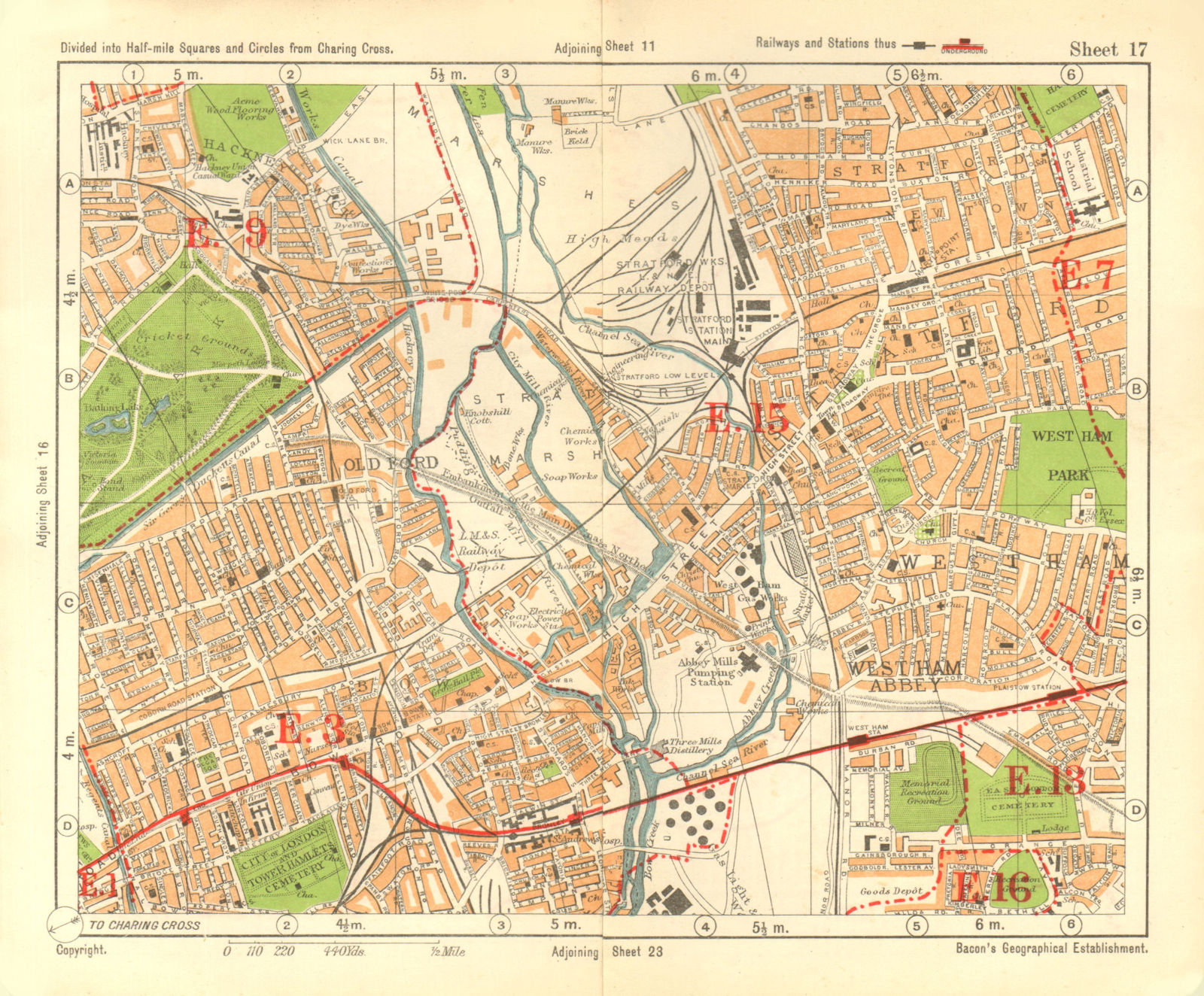 NE LONDON. Stratford Bow Hackney Wick West Ham Old Ford Plaistow.BACON 1928 map