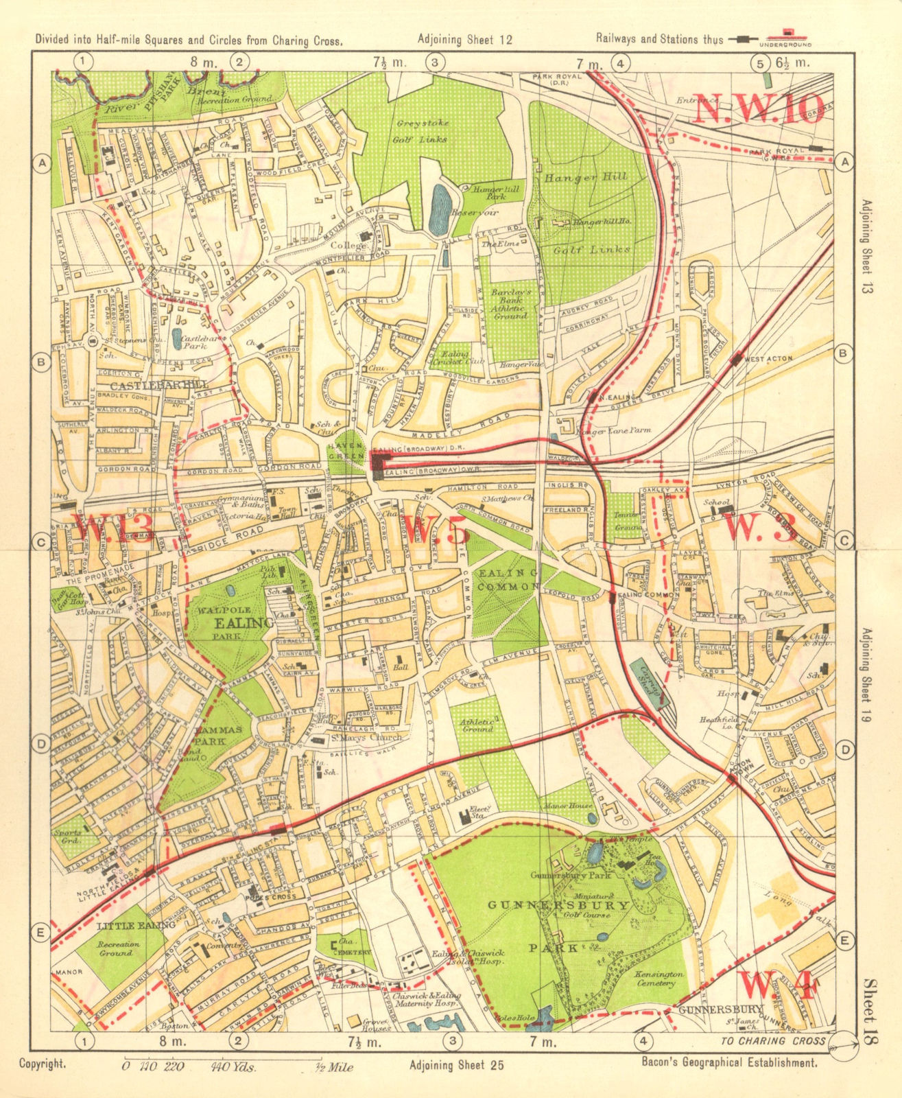W LONDON. Ealing Park Royal West Acton Town Gunnersbury Park. BACON 1928 map