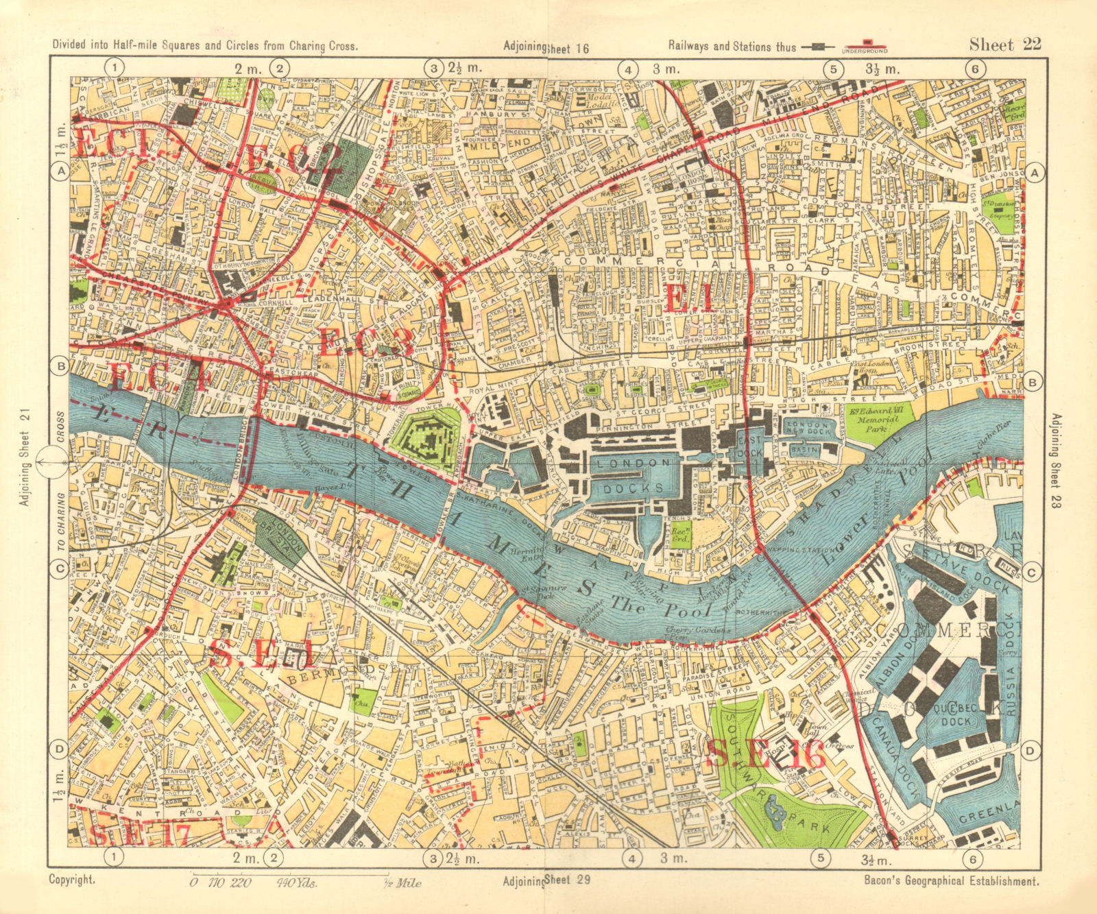 LONDON. City East End Bermondsey Stepney Rotherhithe Whitechapel.BACON 1928 map