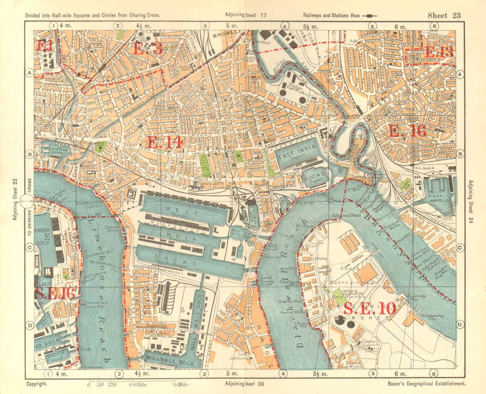 E LONDON Surrey Docks Isle of Dogs Canning Town Poplar Limehouse.BACON 1928 map